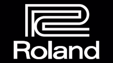 White Roland logo on a black background.